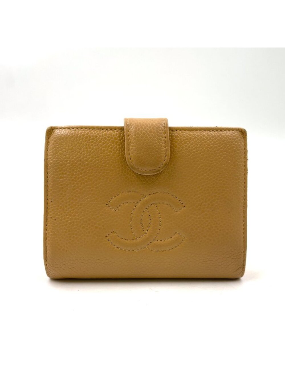 Chanel CC Logo Kiss Lock Caviar Leather Beige Bifold Wallet Gold